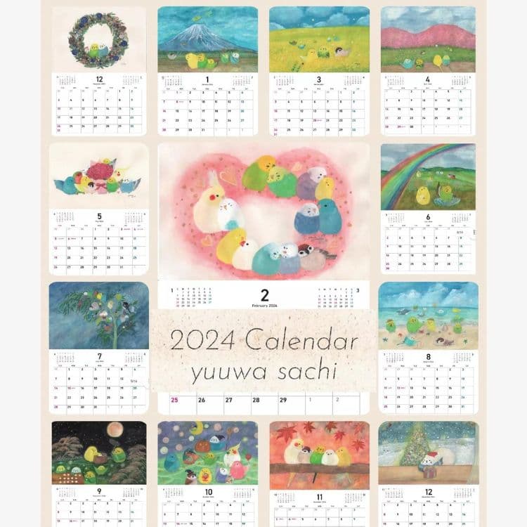 かわいい♪見開きA3 12月はじまり2024年カレンダー「ふるさといんこたちカレンダー」小鳥 鳥 セキセイインコ スズメ
