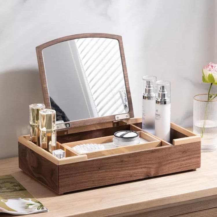 鏡付きの化粧品ボックス ドレッサー 鏡台 木製雑貨 小物収納 家具 インテリア 無垢材 一人暮らし