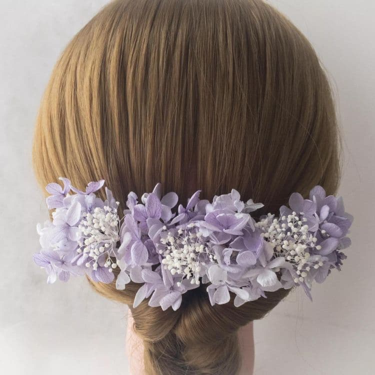【ヘアブーケ】髪飾り　ヘアパーツ　ライトパープル＆ホワイト　薄紫色　プリザーブドフラワー　ラベンダー色